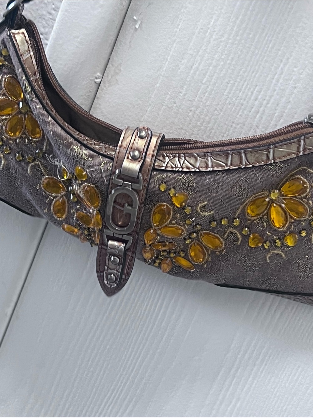 Vintage Guess Brown Shoulder Bag with Amber Gem Embellishments